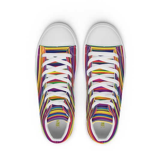 Top view of women’s high-top canvas sneakers with multicolor stripe design and white toe caps