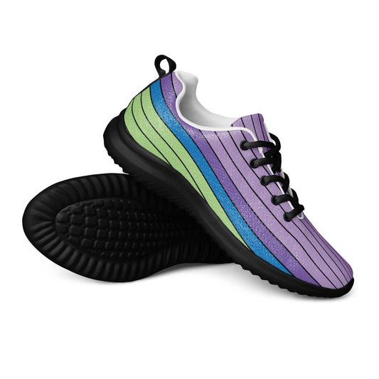 Women’s athletic shoes with pastel curved stripes in lavender, green, and blue, side view, black sole