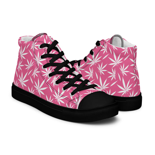 Women's pink cannabis leaf high-top sneakers with black sole and black laces