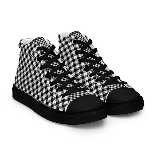 Women’s high-top canvas sneakers with black sole, black laces, and monochrome checkered design