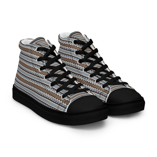 Women’s high-top canvas sneakers with Nordic-inspired zigzag pattern, black laces, and black sole, angled front view