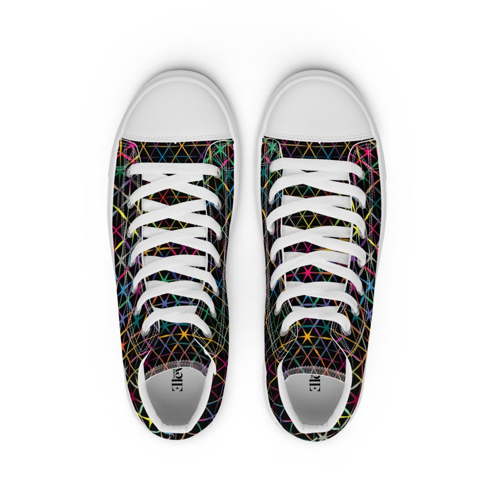 Top view of women’s high-top sneakers with white laces, white toe caps, and neon star grid design on black canvas