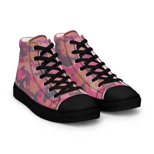 Women’s high-top sneakers with black sole and black laces in a pink camouflage pattern, rear side view