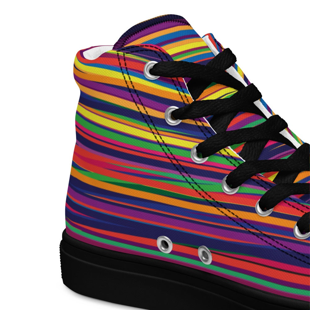 Close-up of women’s high-top canvas sneakers with fine rainbow stripes and black sole detail