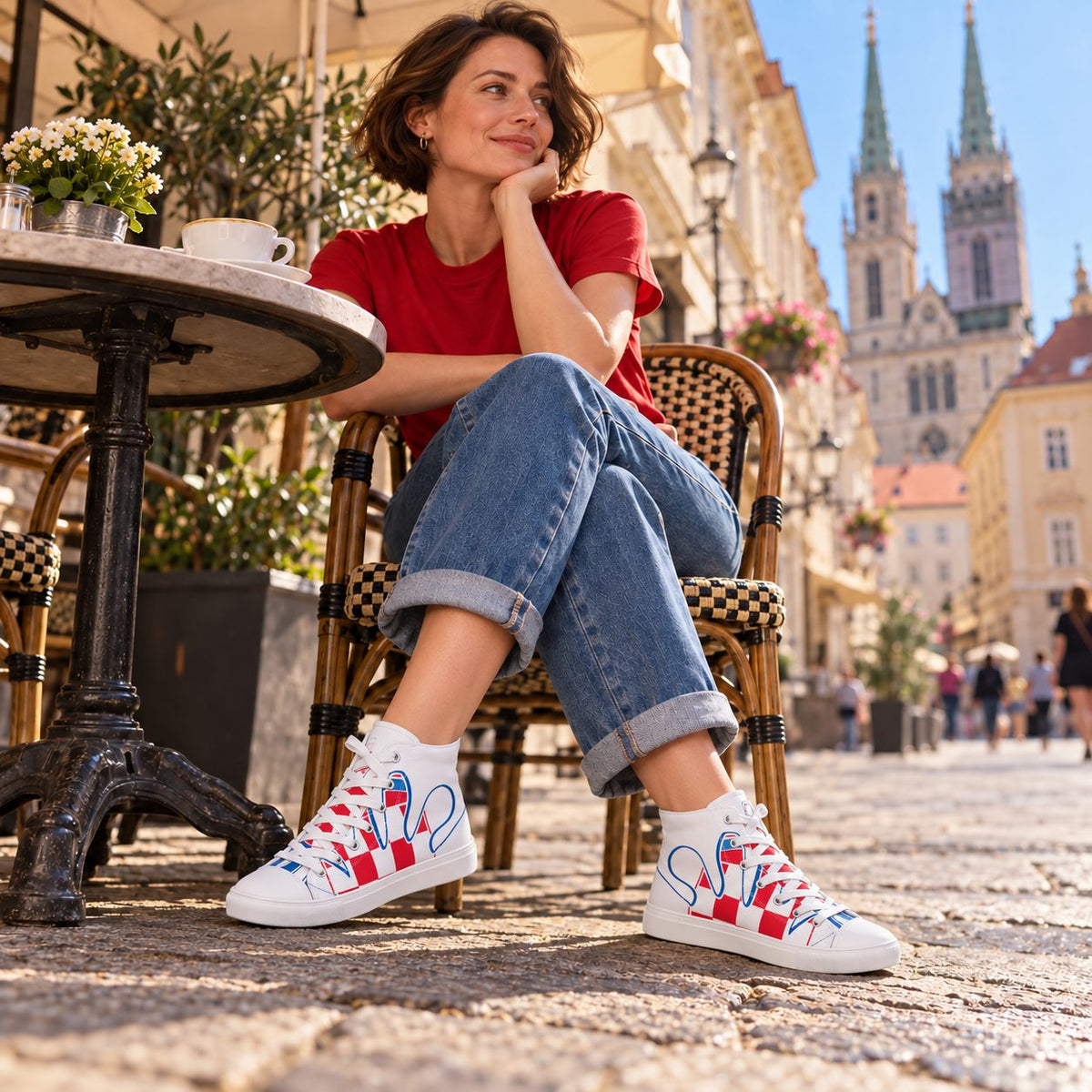 Woman in cuffed jeans and a red T-shirt wearing white Croatian fan high-top sneakers with red checks and blue graphics at a cafe.