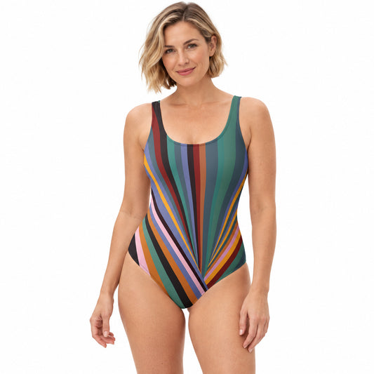 Expressive colour meets sweeping lines in the Dynamic Radiating Stripe women's one-piece swimsuit, featuring a scoop neckline and low scoop back.
