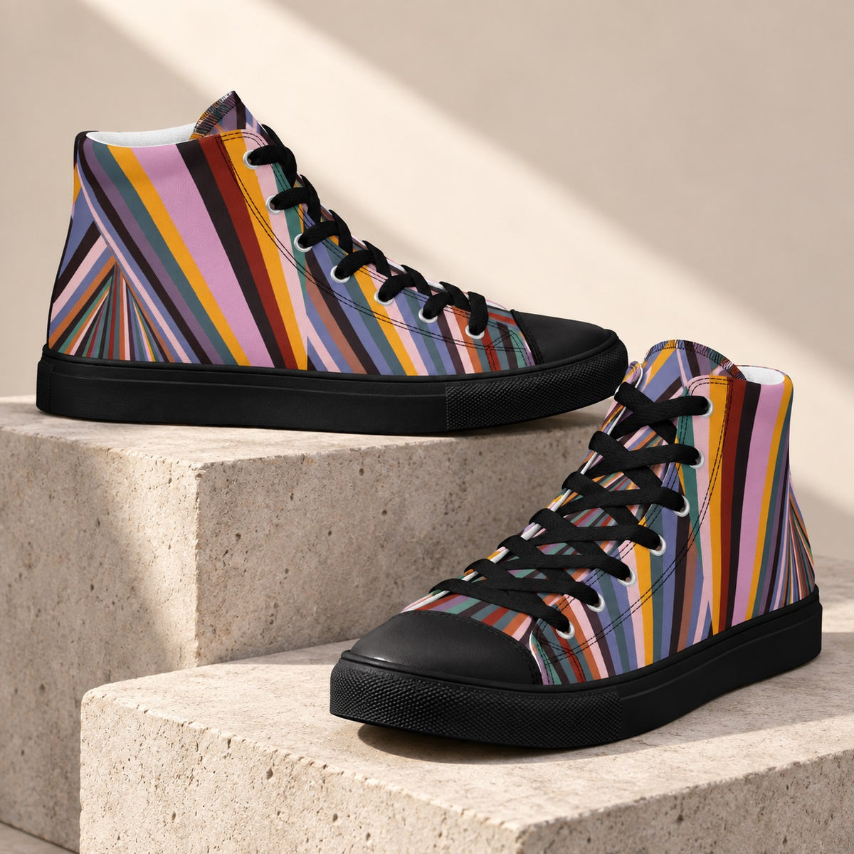 Dynamic Radiating Stripe women's high-top sneakers with black soles and laces displayed on stone platforms, showing side and front views.