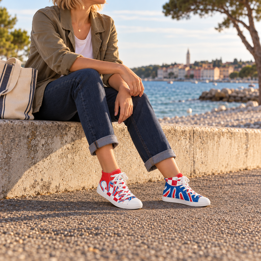 Woman in cuffed jeans and an olive jacket sitting beside a sunny beach, wearing Croatian patriotic high-top sneakers with white soles.