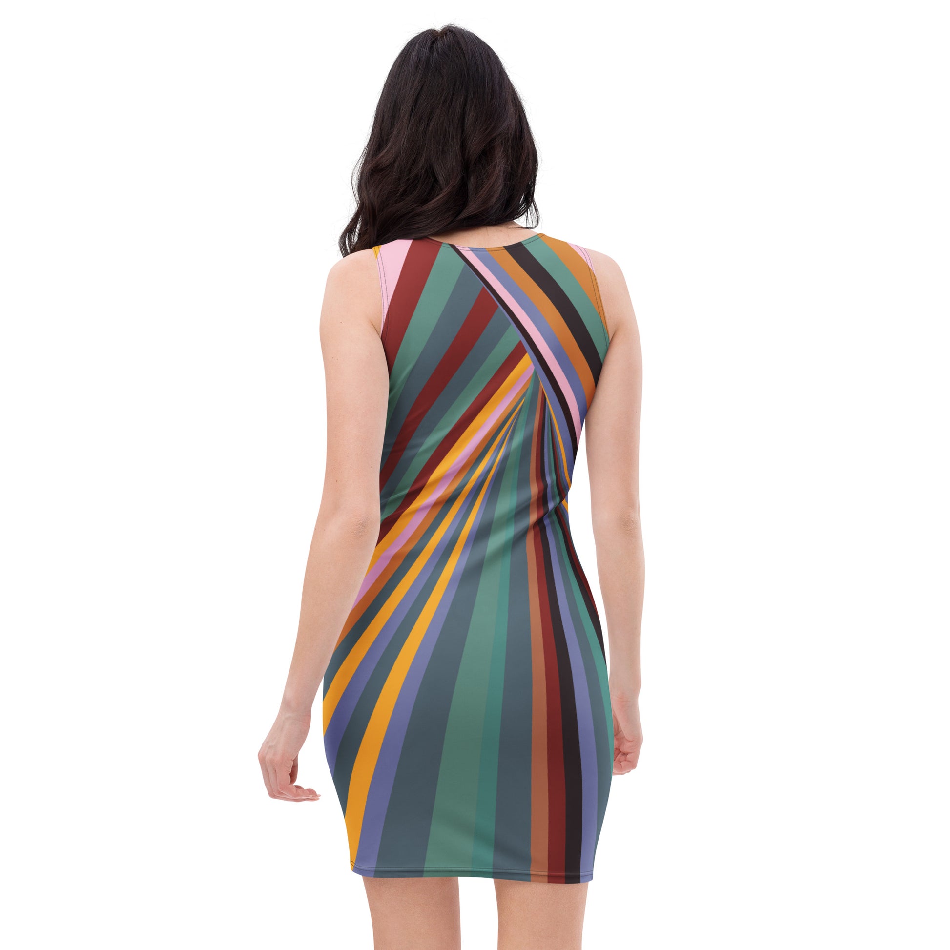 Back view of woman wearing multicolor radiating stripe bodycon dress with geometric line design