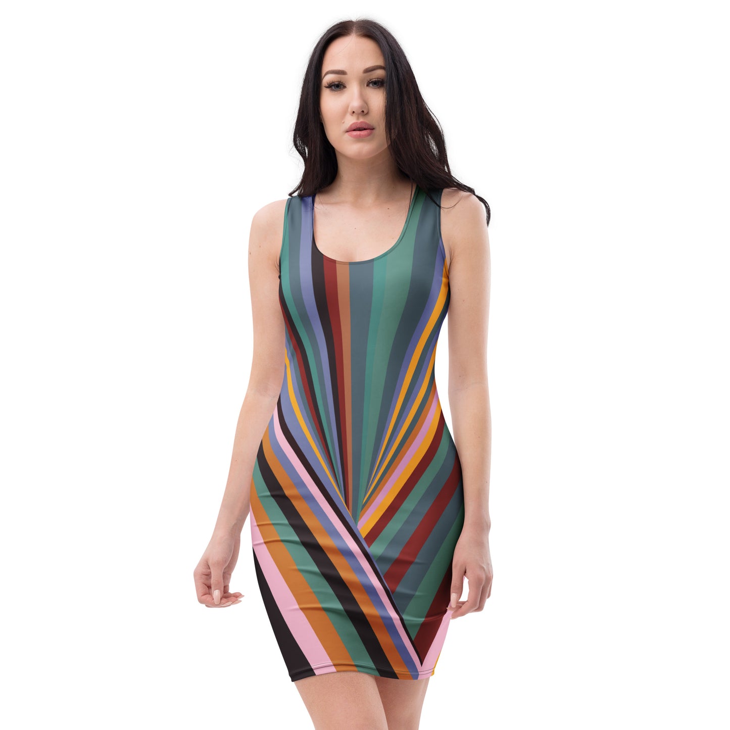 Front view of woman wearing multicolor radiating stripe bodycon dress with green burgundy blue orange and pink lines