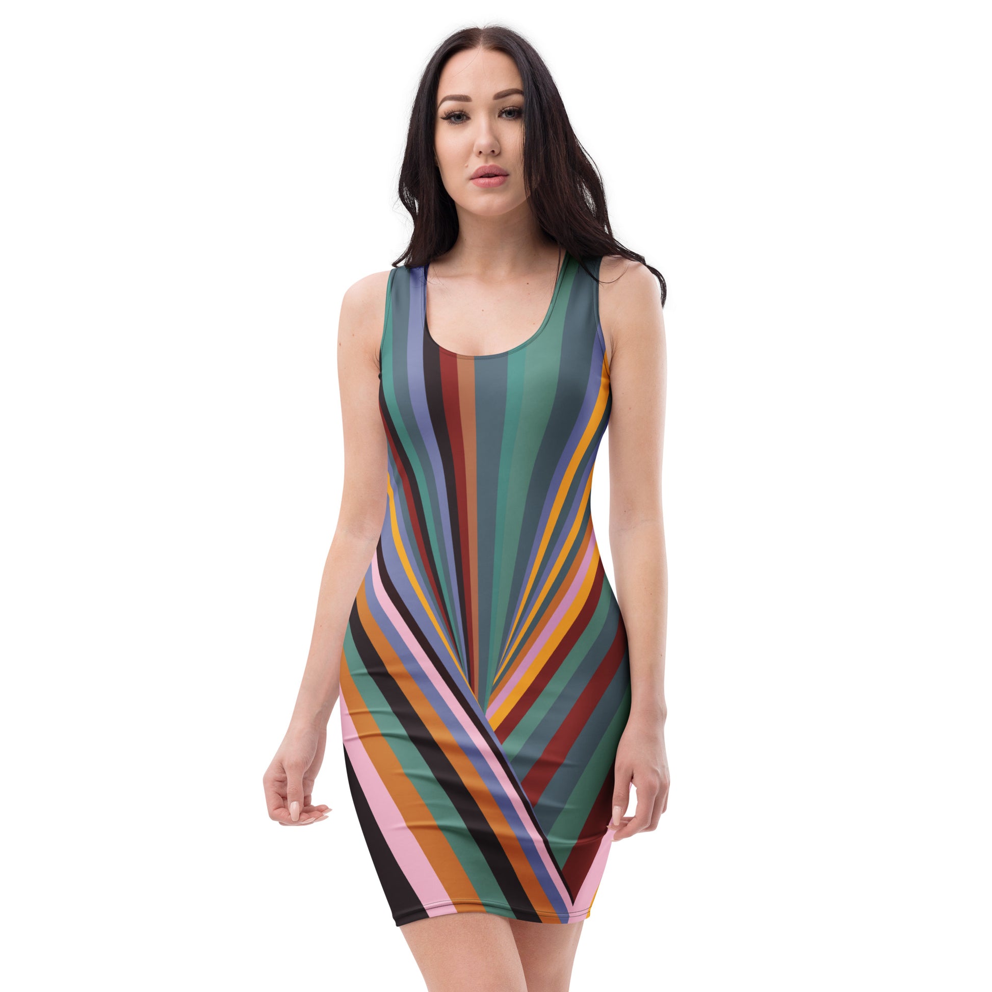 Front view of woman wearing multicolor radiating stripe bodycon dress with green burgundy blue orange and pink lines