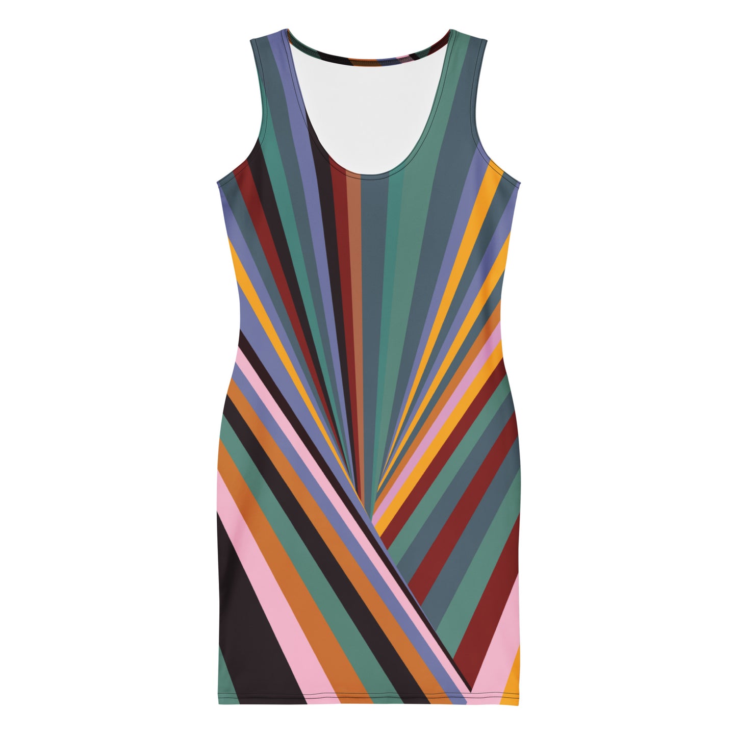 Front product view of multicolor geometric stripe women's bodycon dress with radiating line pattern