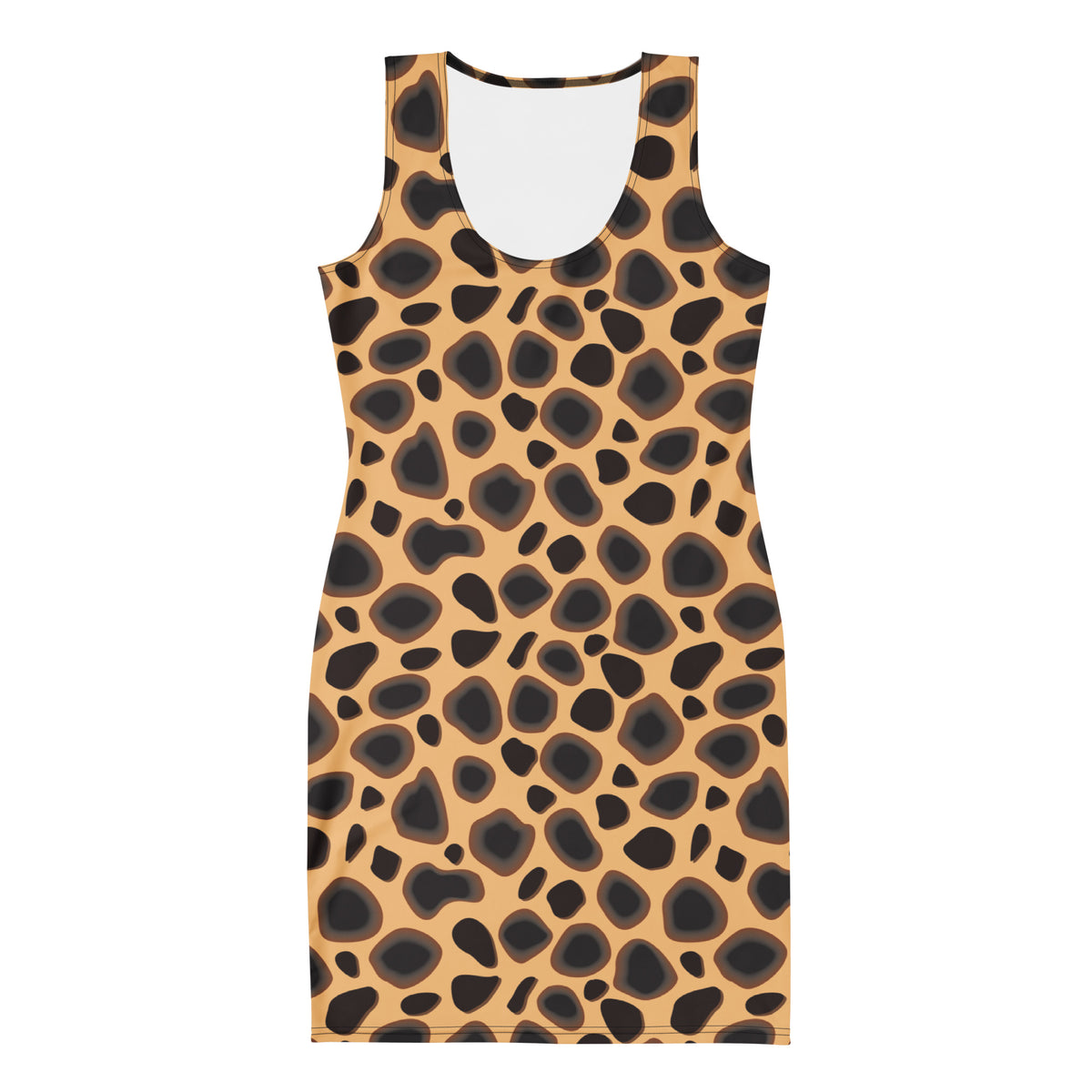 Feline Spot women's bodycon dress front product view with brown black and charcoal pattern