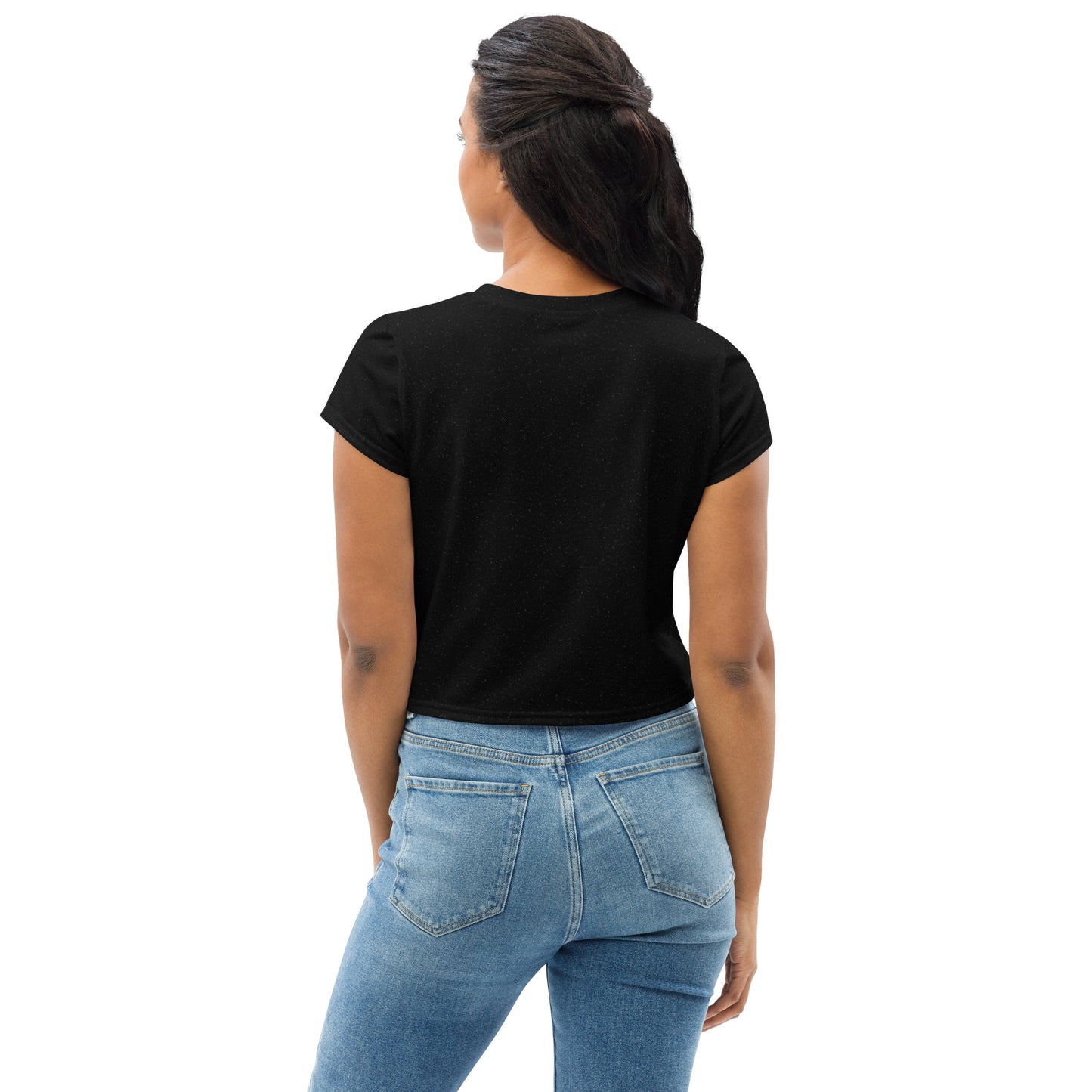 Back view of woman wearing plain black unisex crop T-shirt