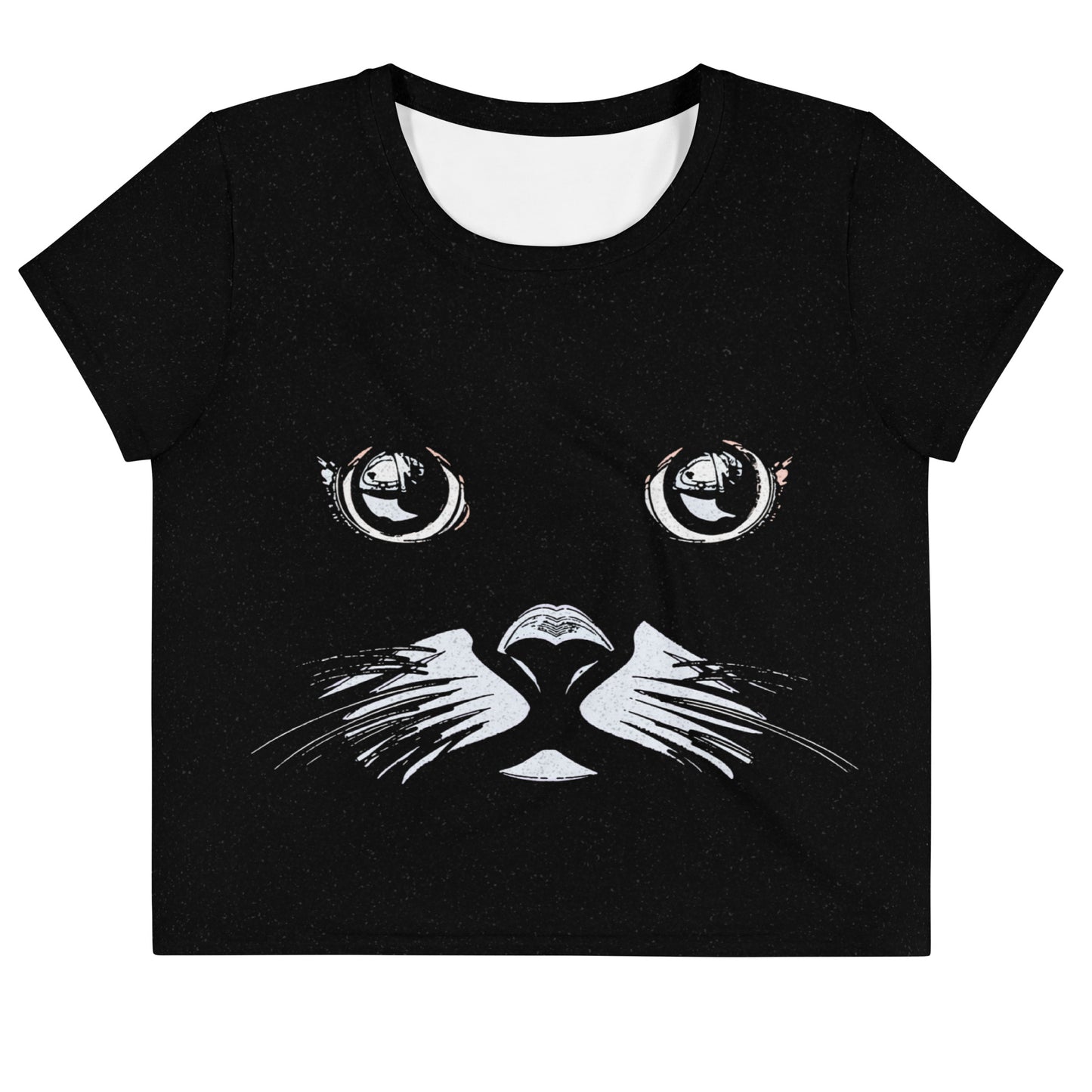 Front product view of black crop T-shirt with funny cat face graphic, large eyes, nose and whiskers
