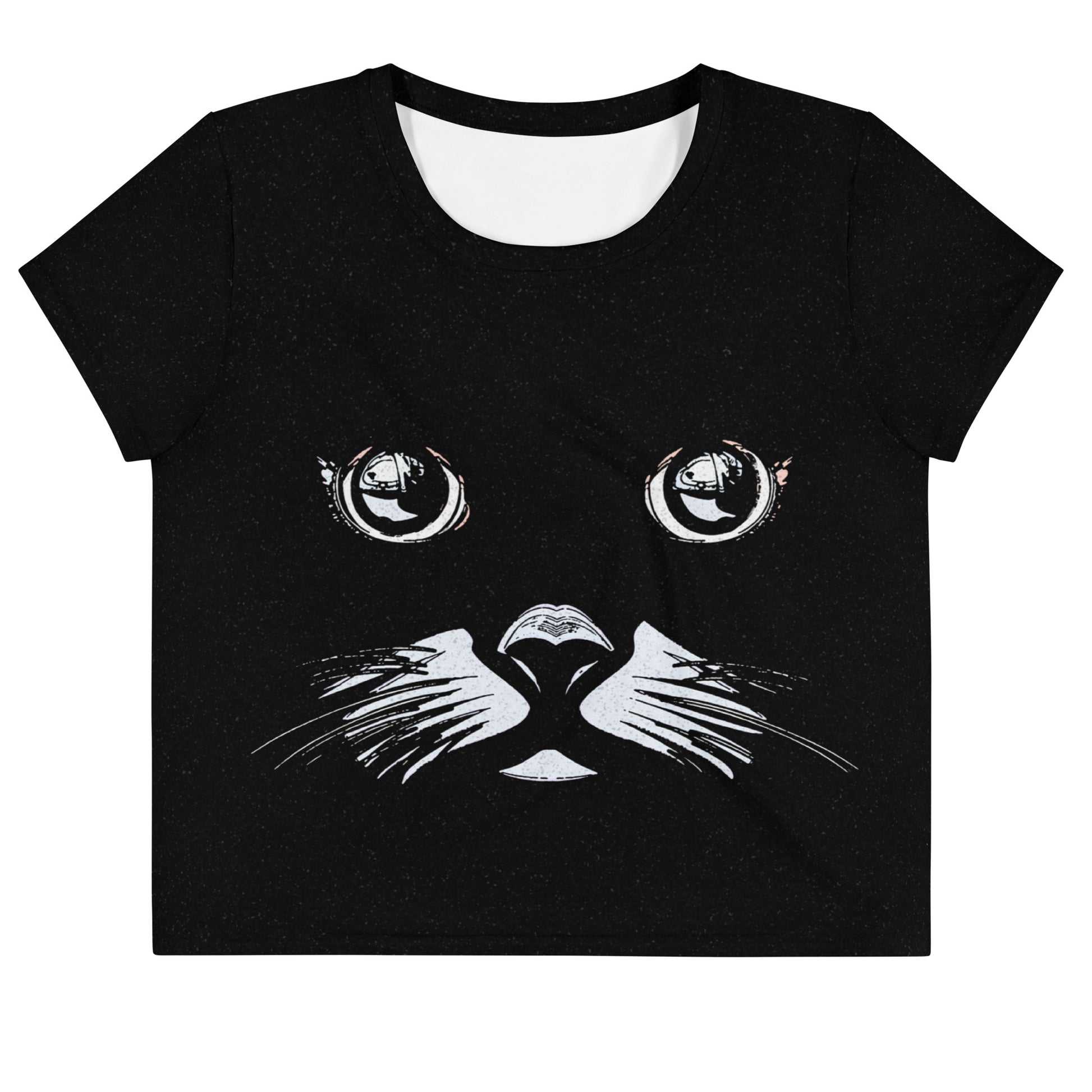 Front product view of black crop T-shirt with funny cat face graphic, large eyes, nose and whiskers