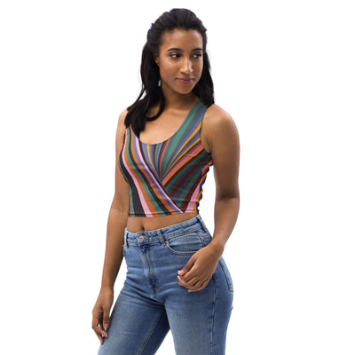 Woman wearing Dynamic Radiating Stripe women's crop top with multicolor curved stripe pattern