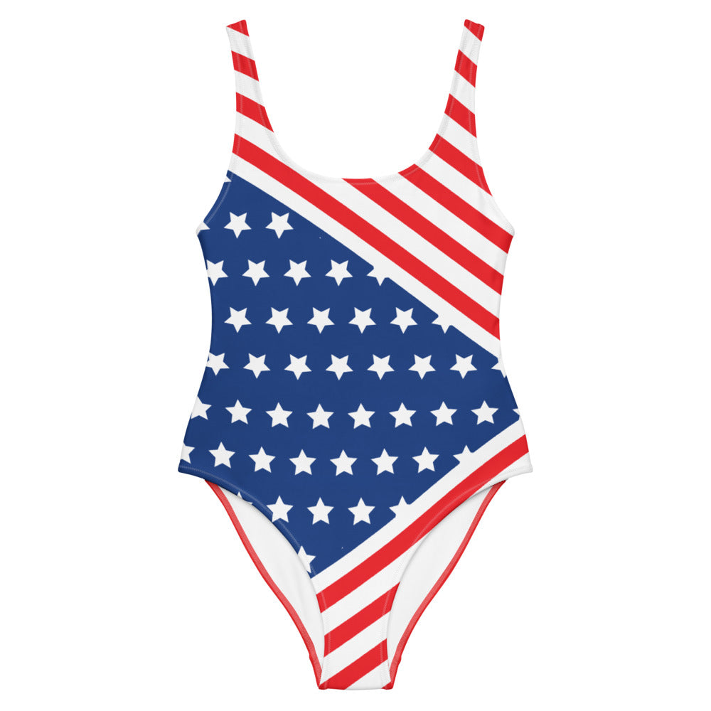 Front product view of American stars and stripes one-piece swimsuit with blue star panel and diagonal red white stripes