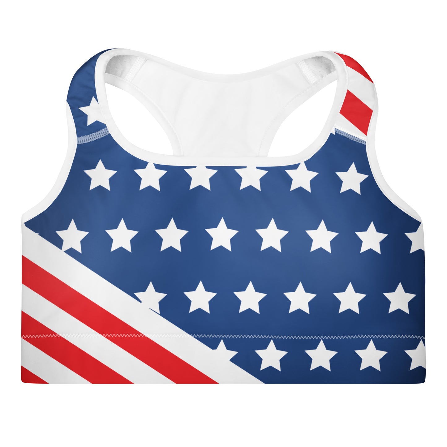 Front product view of an American stars and stripes women's padded sports bra with blue star field and diagonal red stripes