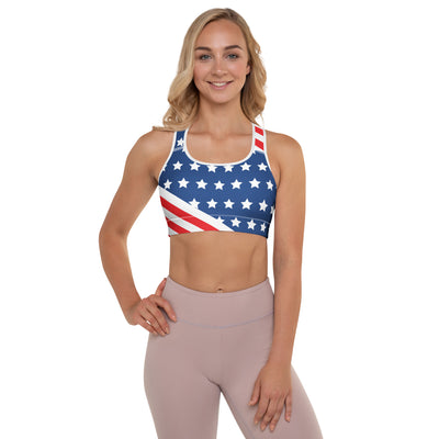 Woman wearing an American stars and stripes padded sports bra in red white and blue front view