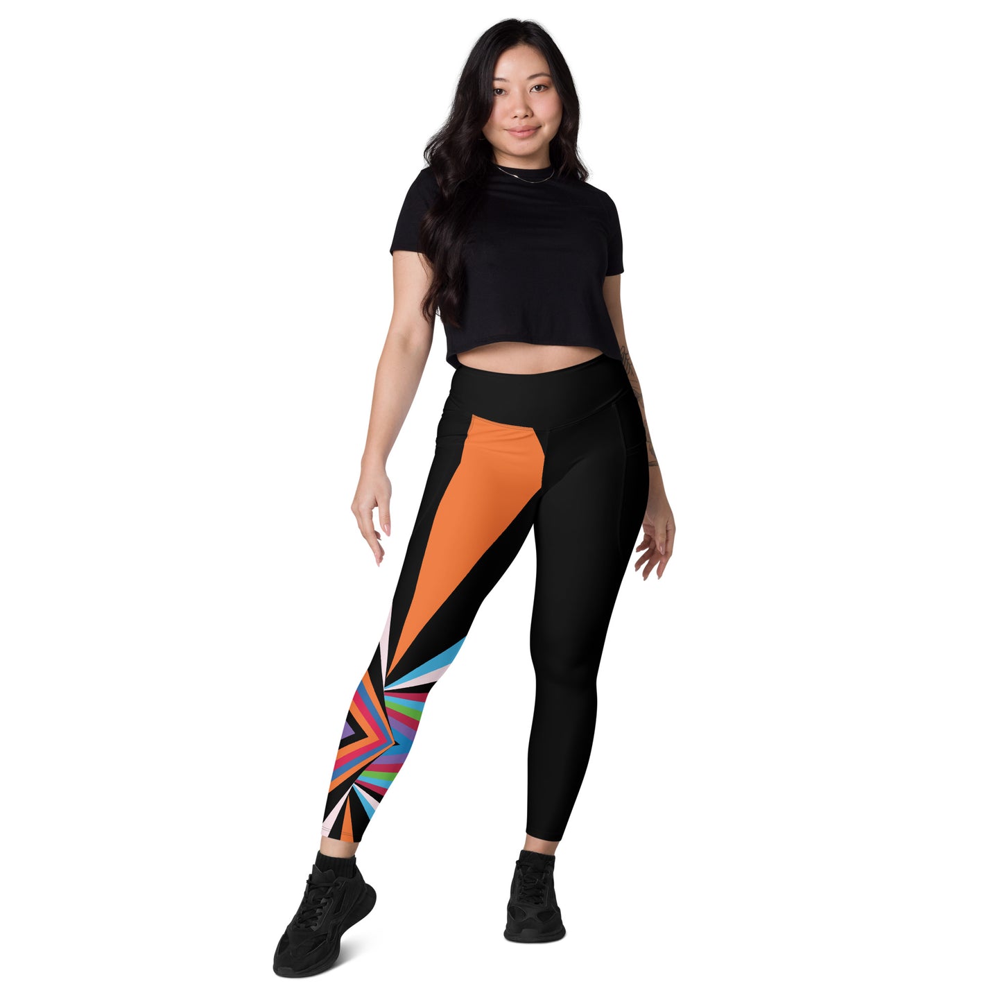 leggings-with-pockets, women, for-women, geometric, abstract, geometric-pattern, color-block, multicolor, black, orange, colorful, modern-design, activewear, all-over-print