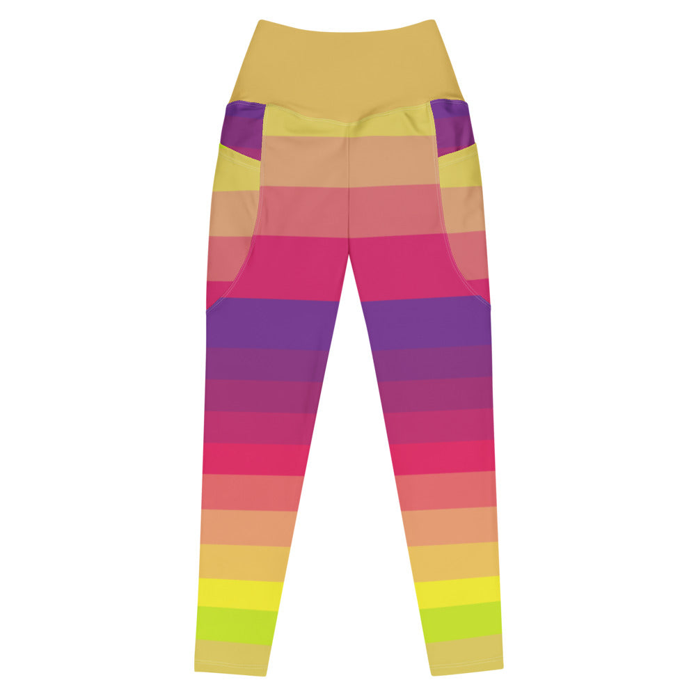 Front product view of women's colorful sunset striped leggings with side pockets in yellow pink purple and coral