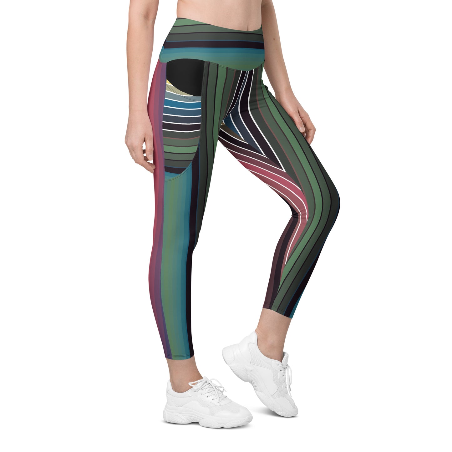 Front view of woman wearing retro striped leggings with pockets in green teal burgundy blue and black
