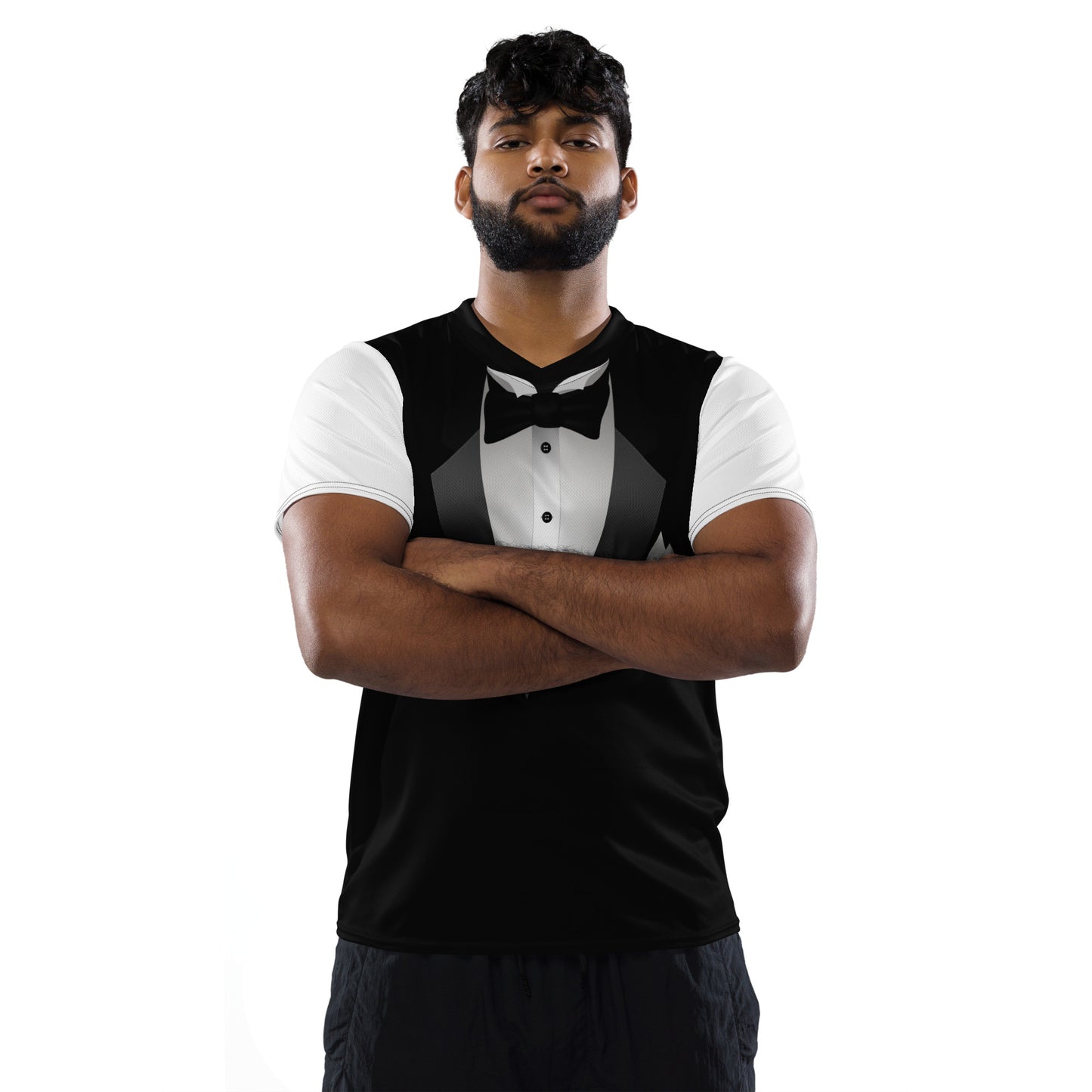 Man wearing black-and-white tuxedo bow tie unisex T-shirt with printed formal shirt and lapel graphic