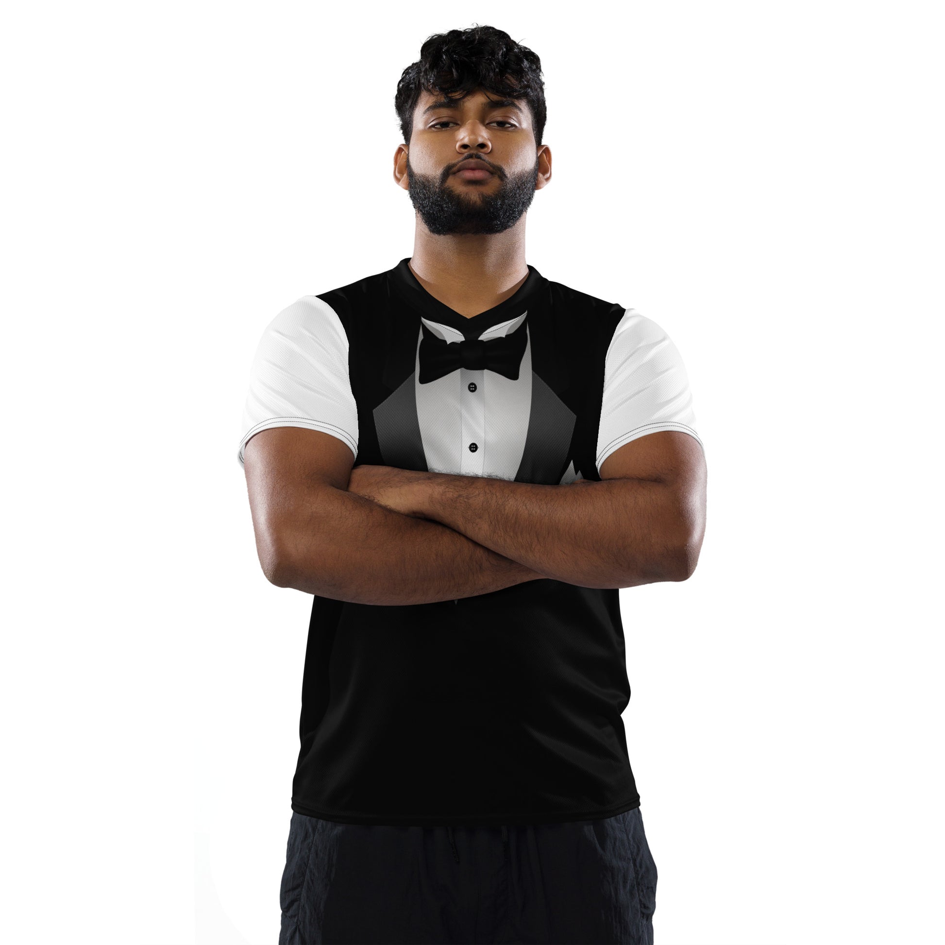Man wearing black-and-white tuxedo bow tie unisex T-shirt with printed formal shirt and lapel graphic