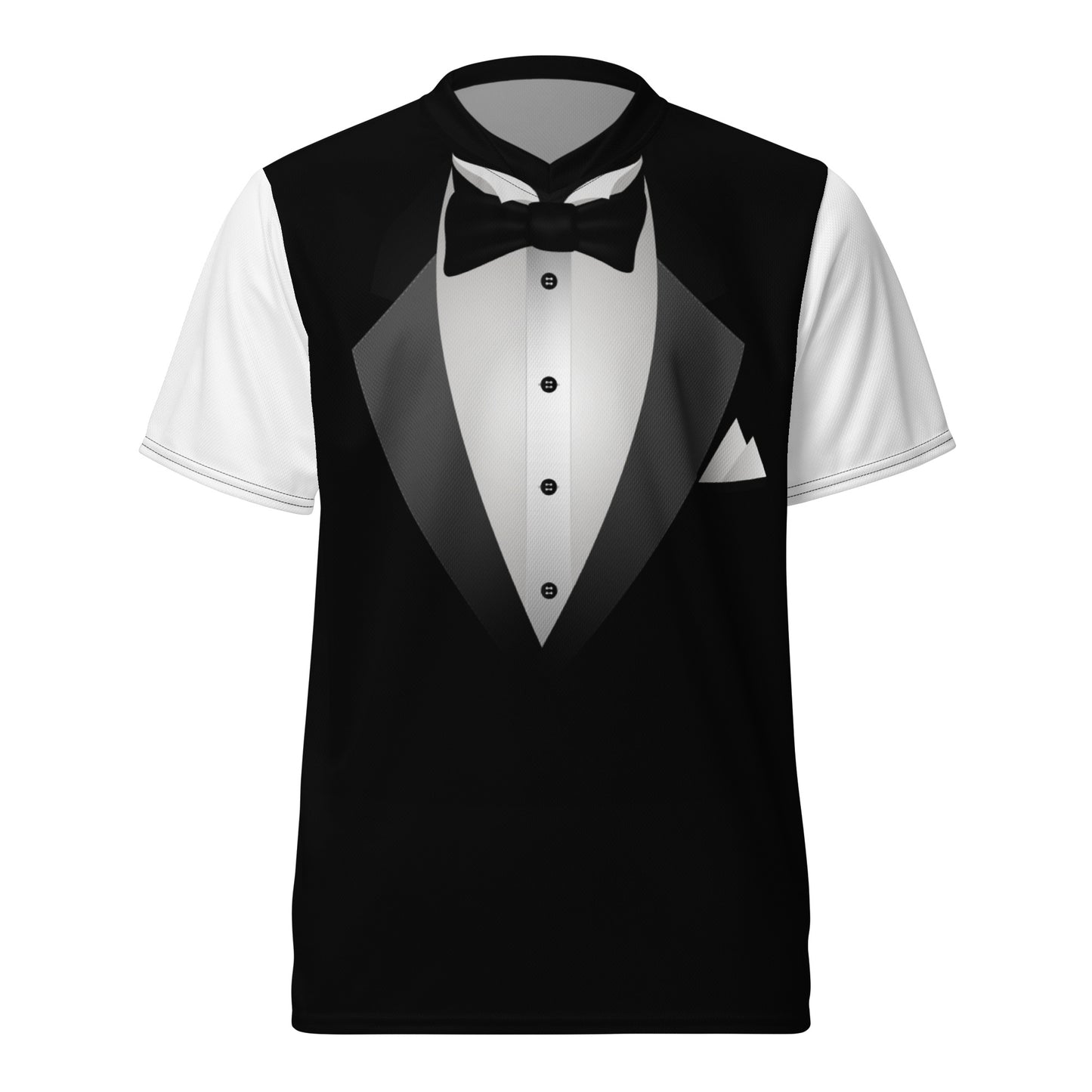 Front product view of black-and-white tuxedo bow tie unisex T-shirt with printed lapels buttons and pocket square