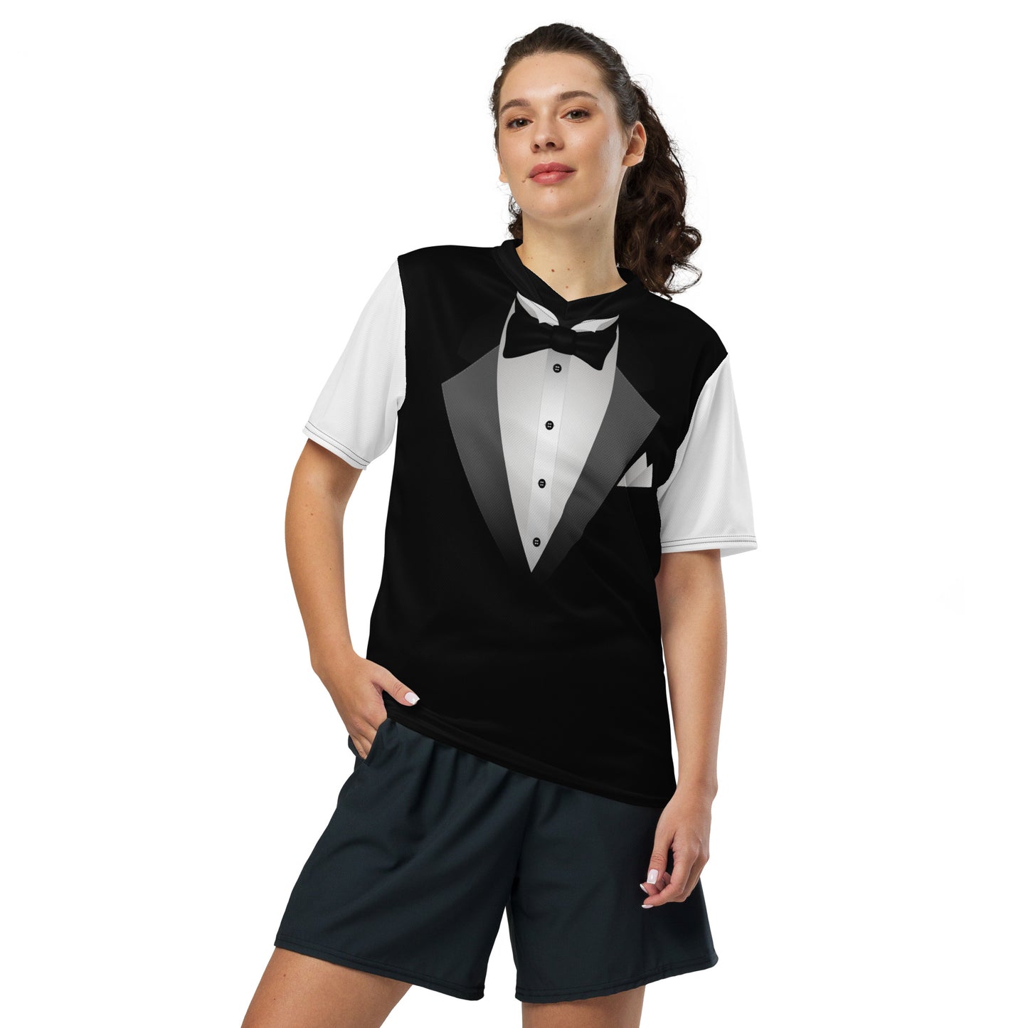 Woman wearing a tuxedo bow tie graphic unisex T-shirt with black body white sleeves and grey lapel design