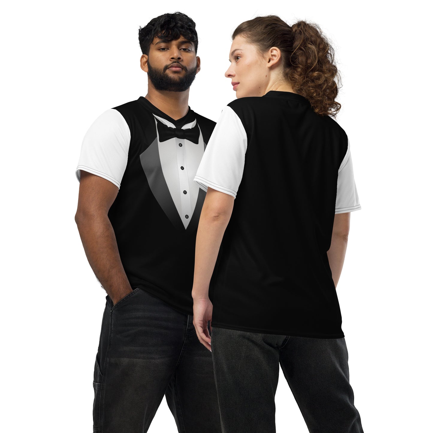 Man and woman wearing black-and-white tuxedo bow tie unisex T-shirts with formalwear-inspired front graphic