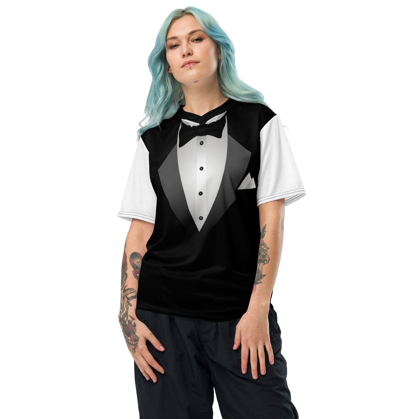 Woman wearing black-and-white tuxedo bow tie unisex T-shirt with monochrome formalwear-inspired design
