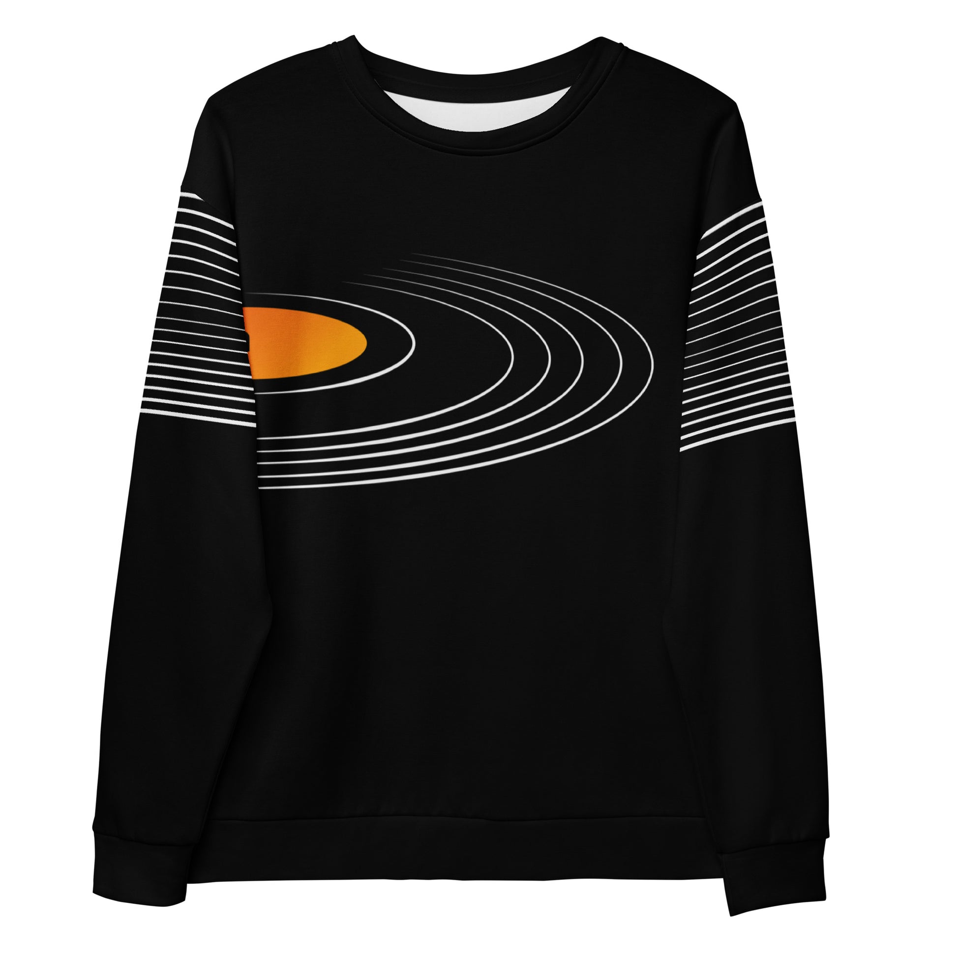 Front product view of black unisex sweatshirt with retro vinyl record groove graphic in white and orange