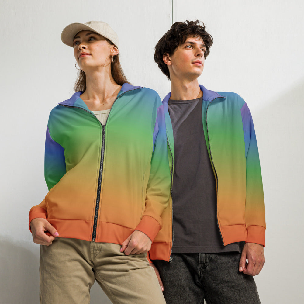 Woman and man wearing matching rainbow gradient unisex track jackets