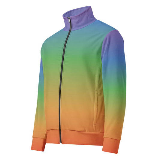 Rainbow gradient recycled unisex track jacket in angled front view