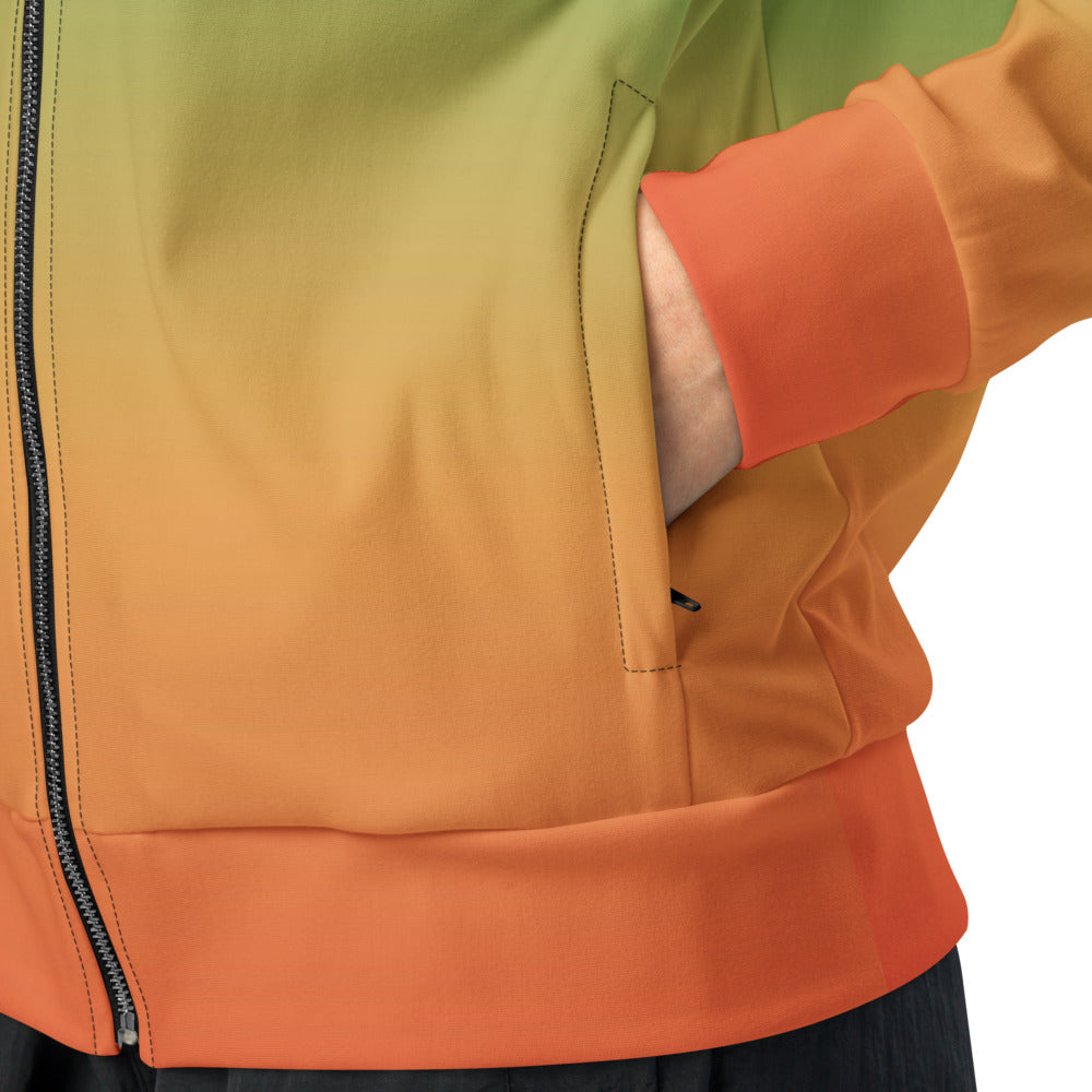 Close-up of rainbow track jacket pocket zipper and black stitching