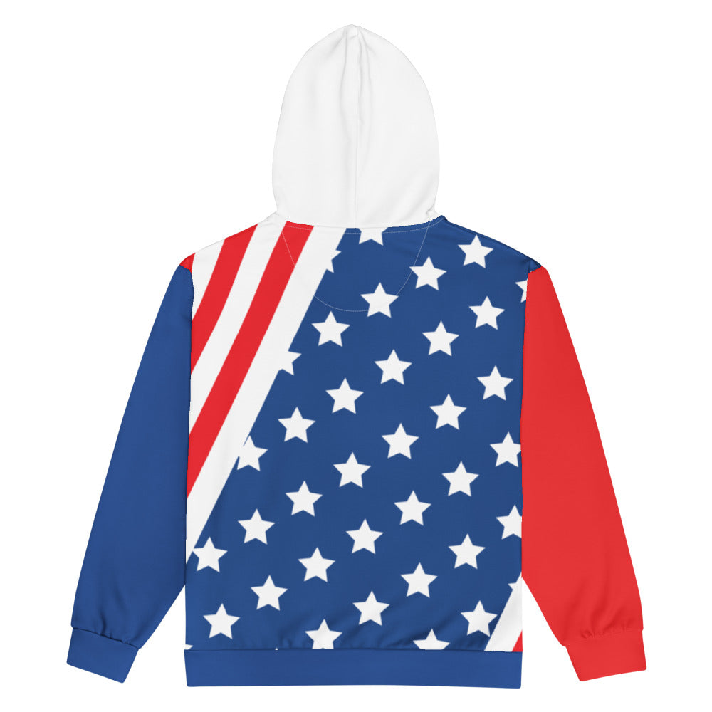 Flat back view of a USA-themed unisex zip hoodie with white hood, white drawstrings, full zipper, and red pocket area