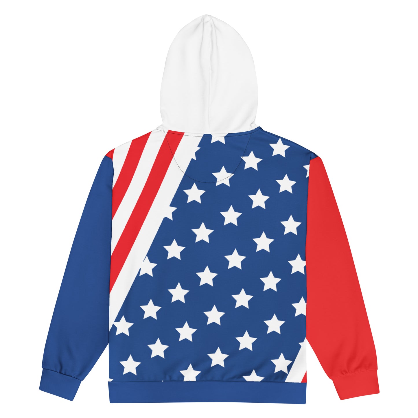 Flat back view of a USA-themed unisex zip hoodie with white hood, white drawstrings, full zipper, and red pocket area
