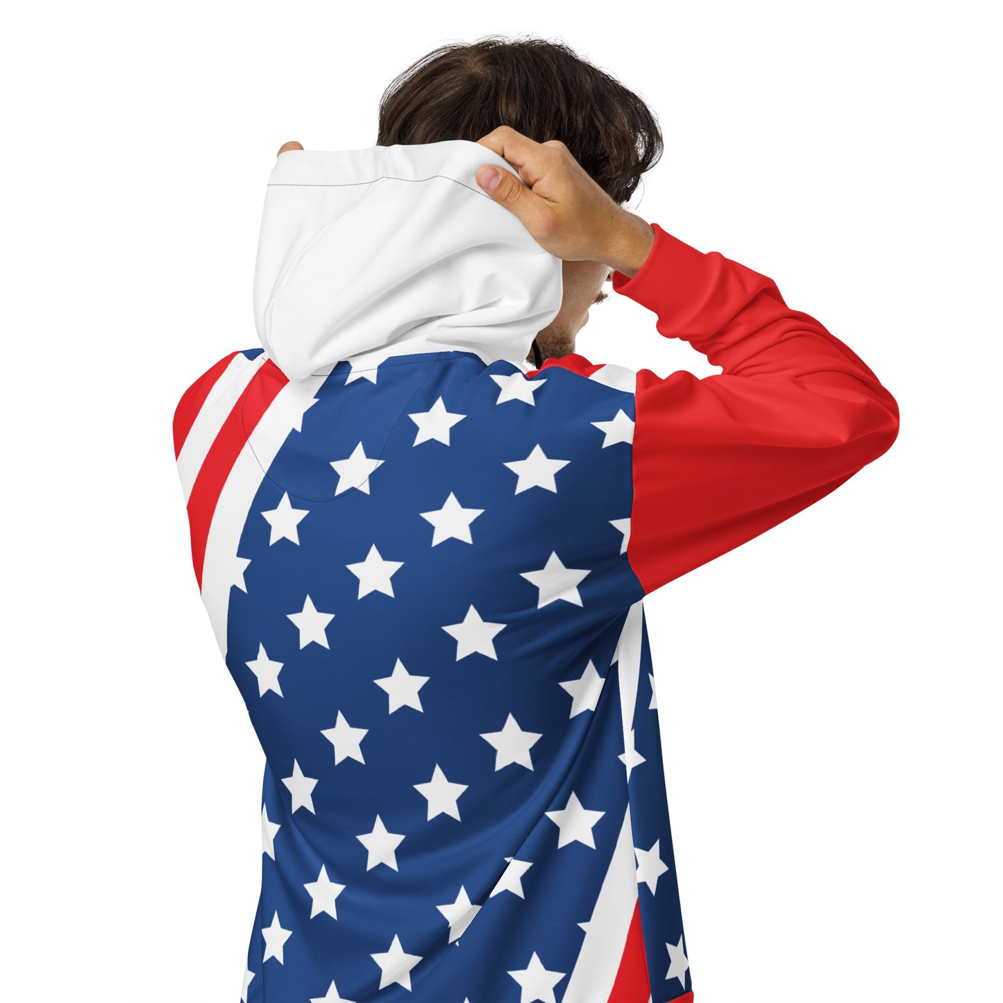 Back view of a USA stars and stripes unisex zip hoodie showing blue field with white stars and red sleeve