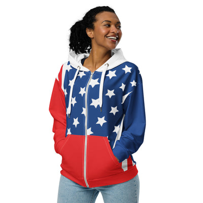 Woman wearing a Number11 USA flag-inspired zip-up hoodie with white stars, contrasting red and blue sleeves, and red front pockets.