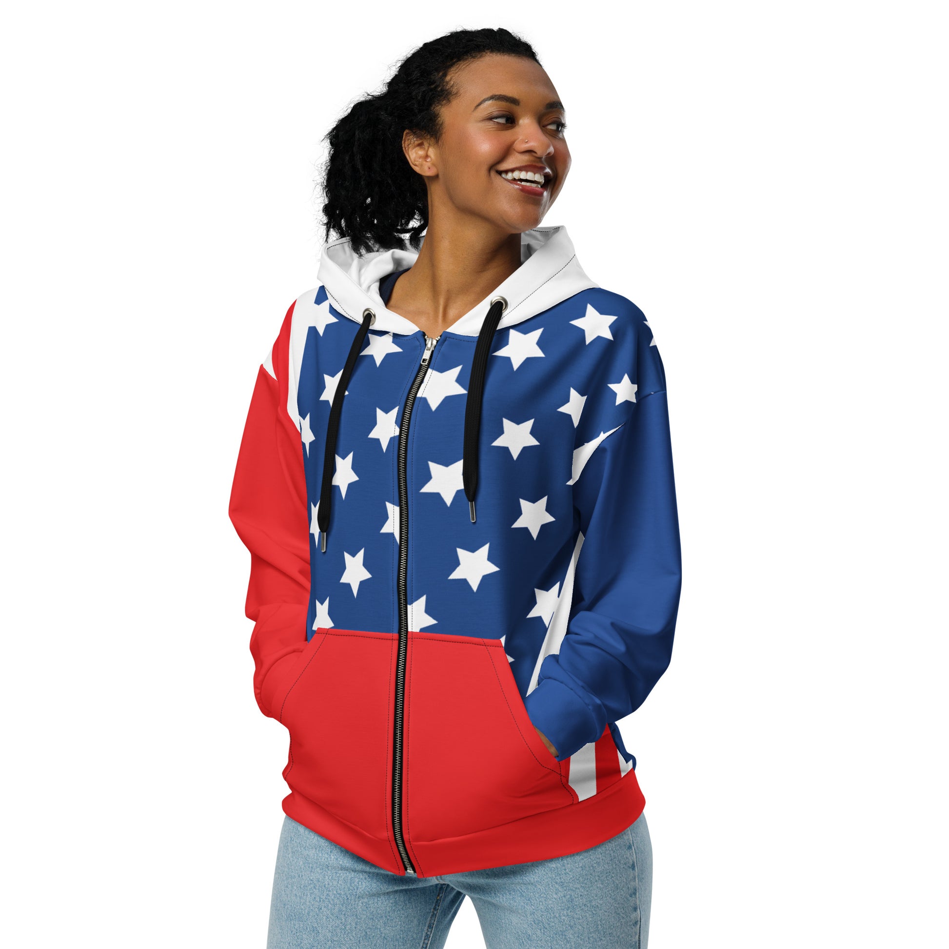 Woman wearing a USA stars and stripes unisex zip hoodie with white hood, blue body, and red front pocket