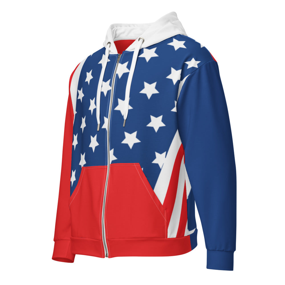 Front angled product view of a USA-inspired unisex zip hoodie with white stars, red sleeve, blue sleeve, and full zipper
