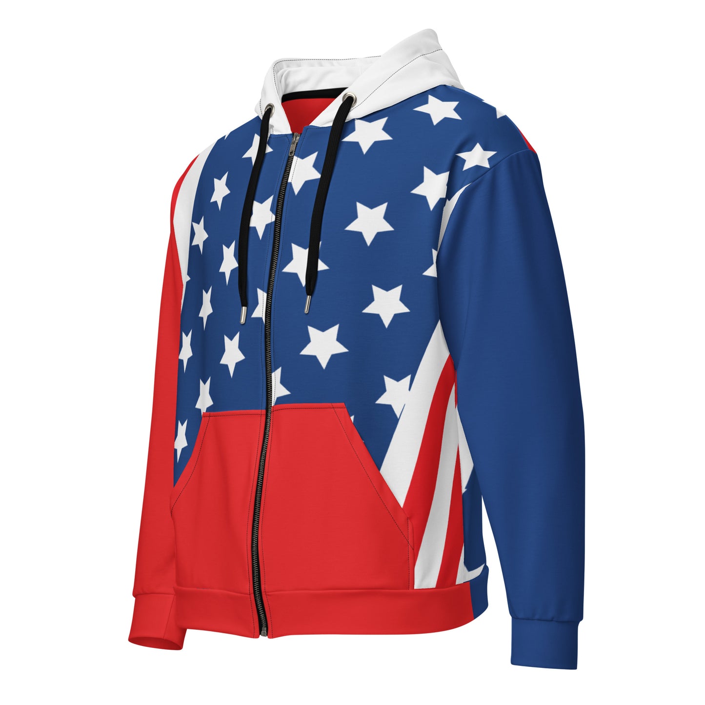 Front angled product view of a USA-inspired unisex zip hoodie with white stars, red sleeve, blue sleeve, and full zipper