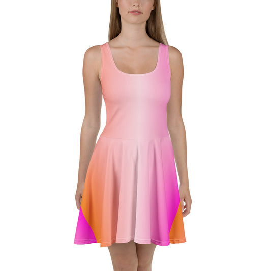 Woman wearing vibrant pink coral ombre gradient skater dress