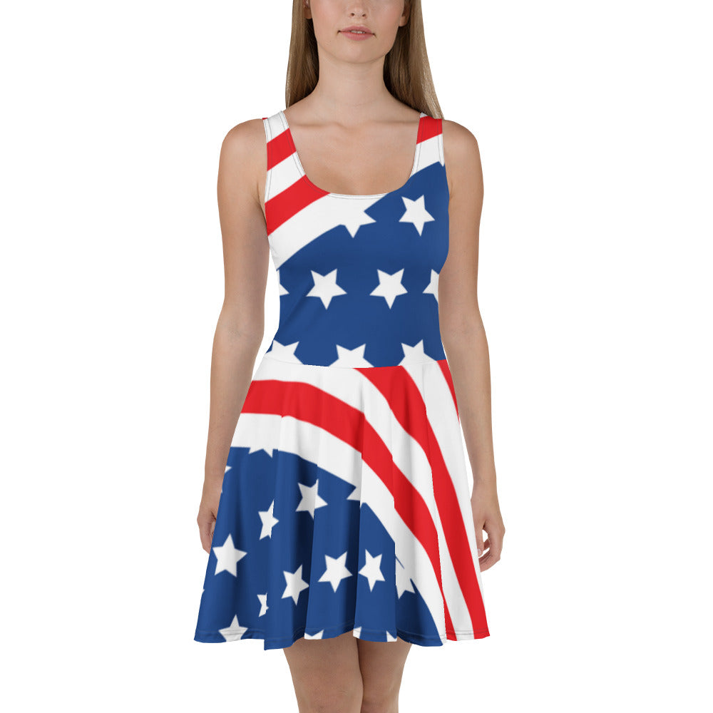 Woman wearing red white and blue American flag skater dress from the front