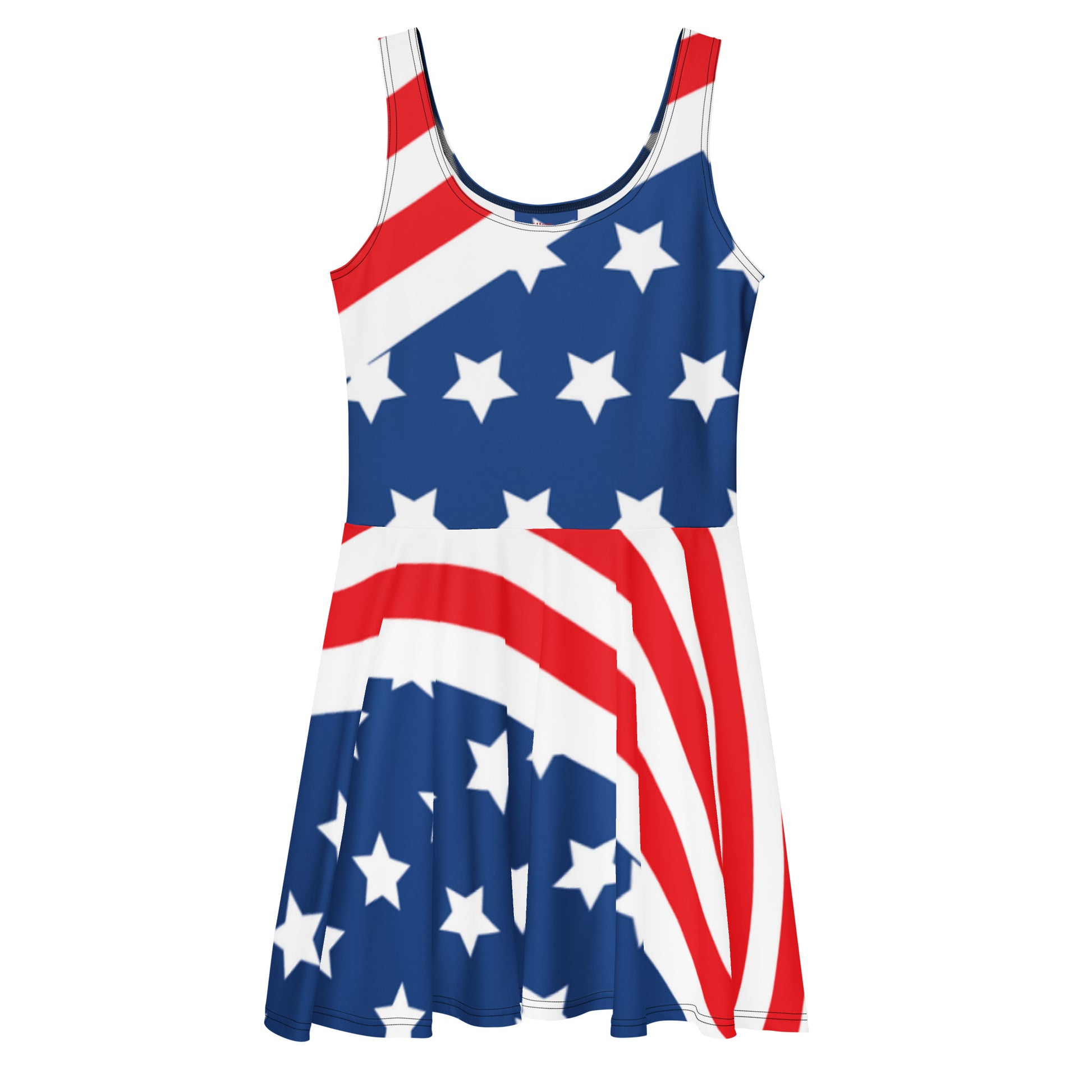 Product-only front view of red white and blue USA flag skater dress