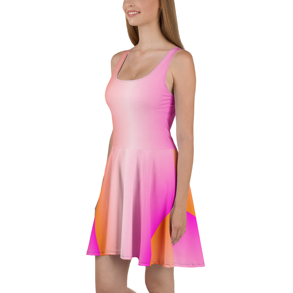 Women's pink coral gradient skater dress shown from the side