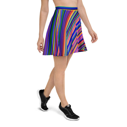 ProduWoman wearing vibrant multicolor rainbow stripe skater skirt with flared silhouettect mockup