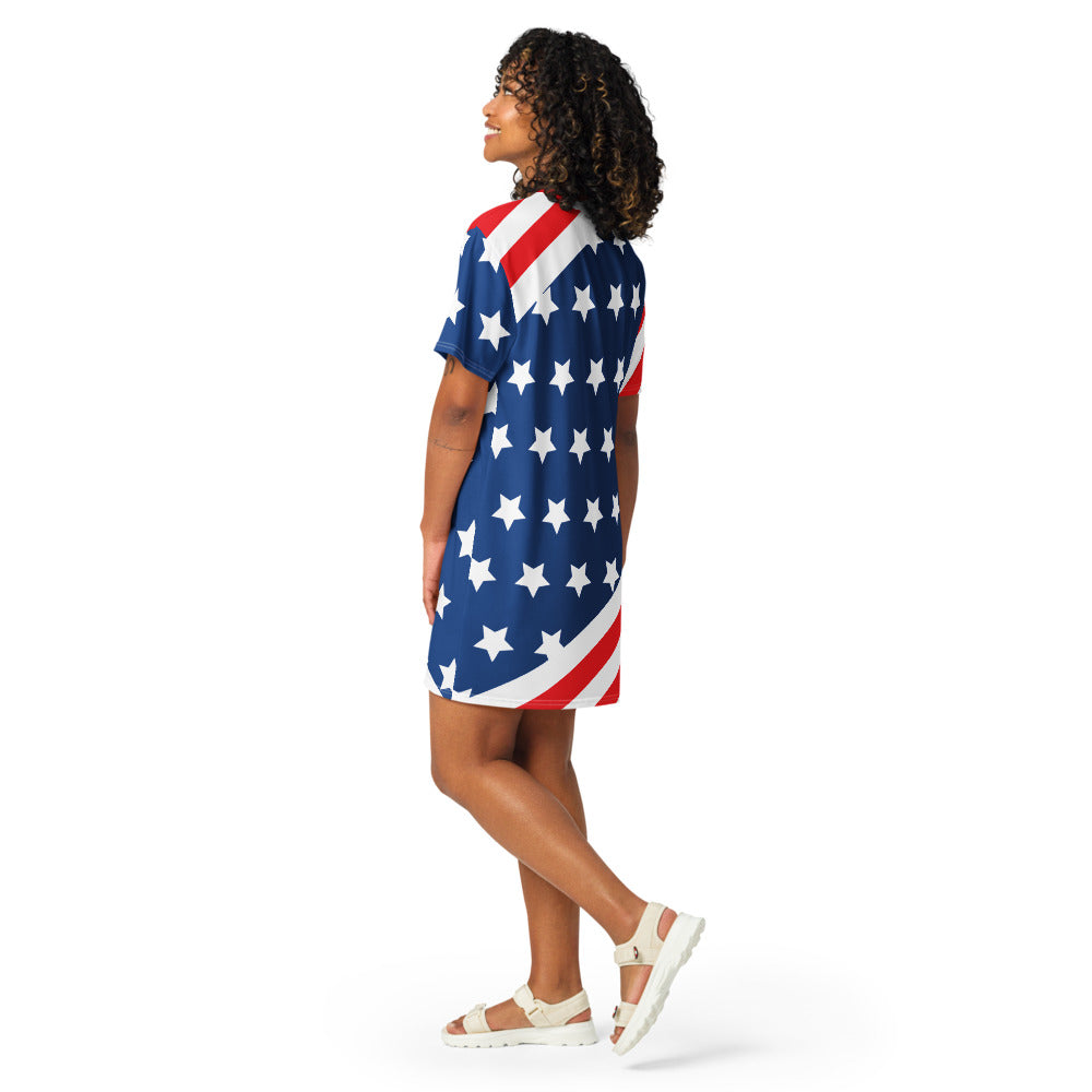 Back view of USA stars and stripes T-shirt dress in red white and blue